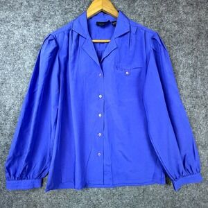 Vintage Ann Chabrol Blouse Womens 10 Royal Blue Pleated Puff Sleeve Camp Collar